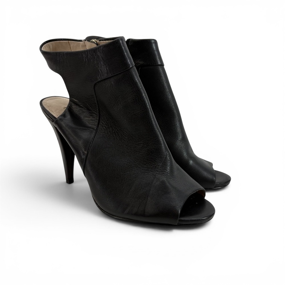Louise et Cie Black Leather Peep Toe Slingback Booties Gold Zip Heels 6.5M